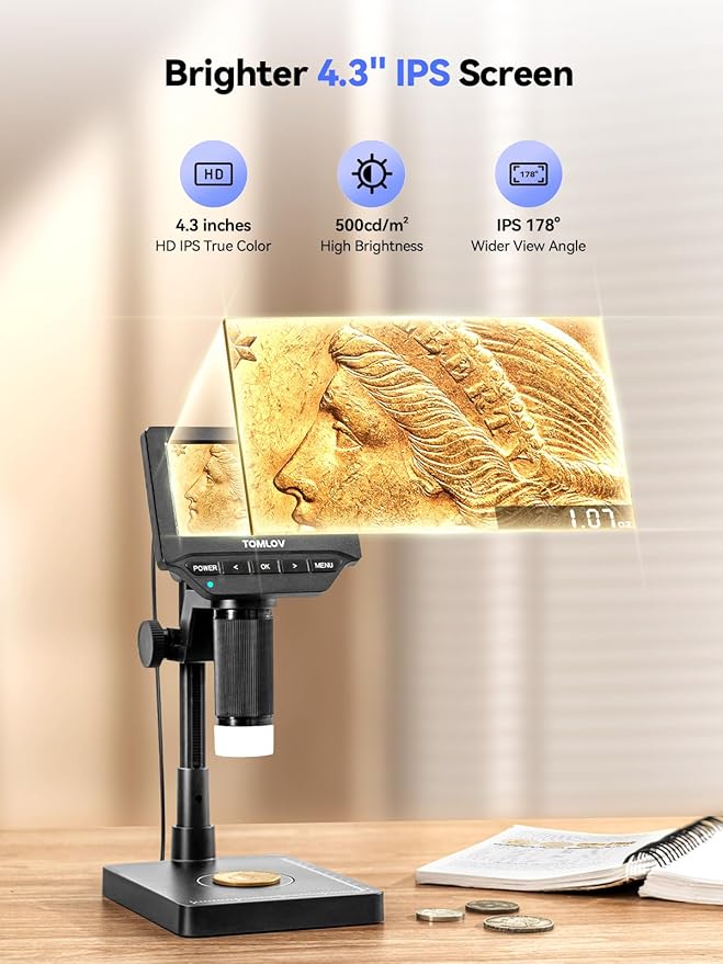 TOMLOV DM4W Microscope with Weighing Scale: 4.3" Digital Coin Microscope with Screen, Error Coin Magnifier with Lights, Weight Scale for Collectors, Jeweler, Students, Compatible with Windows/Mac