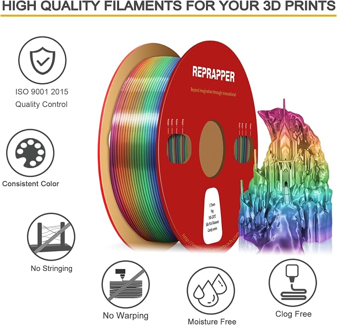 RepRapper Candy Rainbow PLA Filament, Shiny Multicolor Silk PLA 1.75 mm Filament (+-0.03 mm), Sparkle Fast Change Multi-color1 kg 3D Printer Filament for 3D Printer