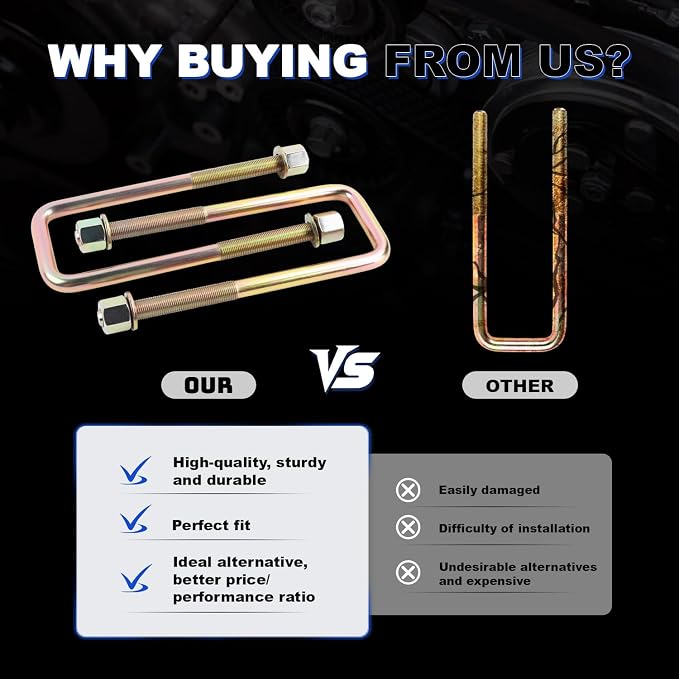 4-Piece Heavy Duty Rust-Resistant Square U-Bolts | 8.75" Length for 2.5" Wide Leaf Springs | Compatible with 1988-2019 Chevy Silverado 1500 & GMC Sierra 1500 | Complete Hardware Included