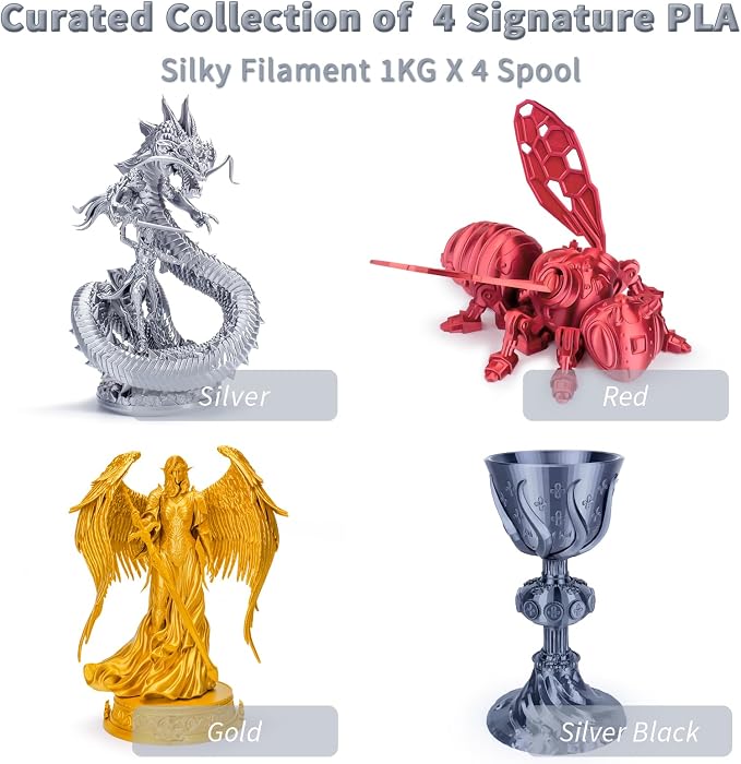 ZIRO Silk PLA Filament Bundle, 4 Packs1.75mm 3D Printing Filament Shiny, Glossy PLA for 3D Printing,1.75mm Metal-Like Surface Rich Color Spool, 1KG x 4 Spool, Silver, Red, Gold, Silver Black