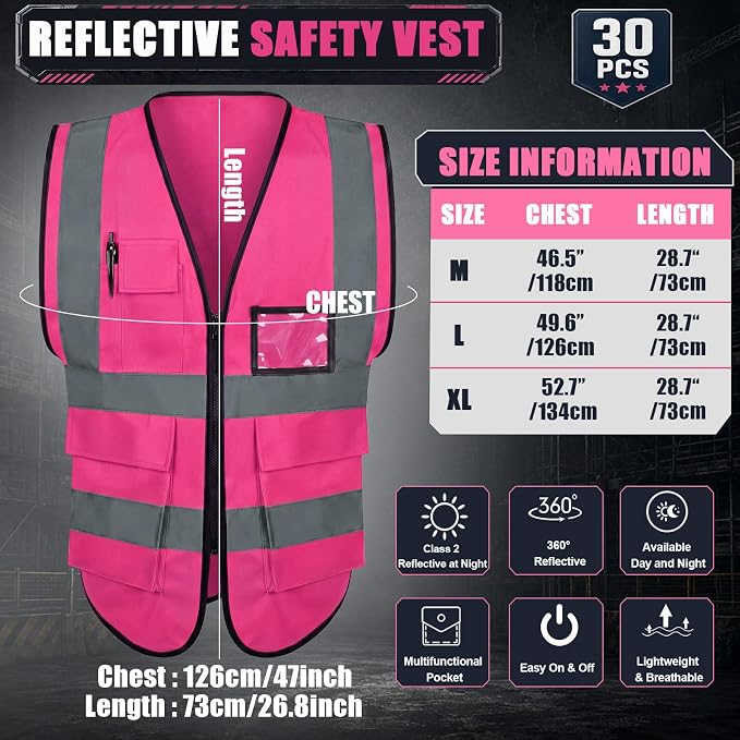 Leumoi 30 Pack Reflective Safety Vest with Pockets and Zipper High Visibility Vest for Women Men Work