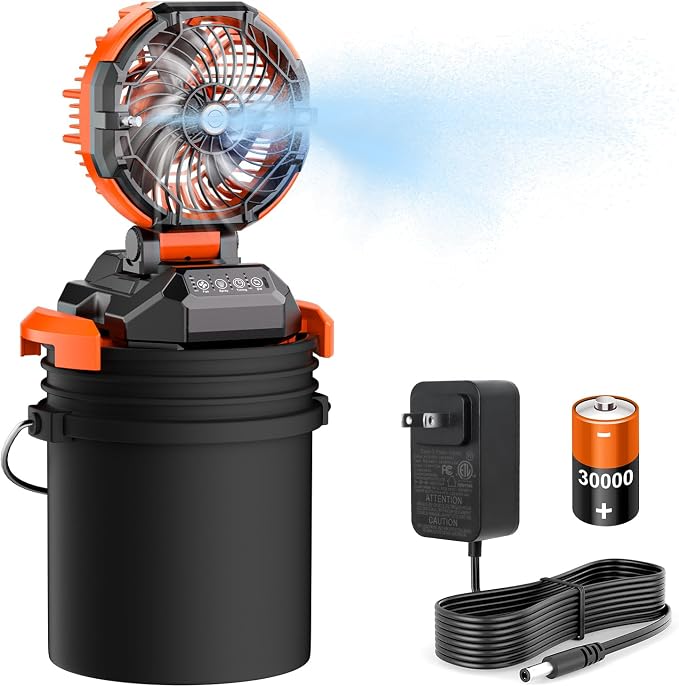 Portable Misting Fan, 30000mAh Rechargeable Battery Powered Floor Cooling Fan with 4 Strong Winds, 4 Spray Mister, Adjustable Base for 10-13in Bucket for Camping, Beach, Patio (No Bucket)- Orange