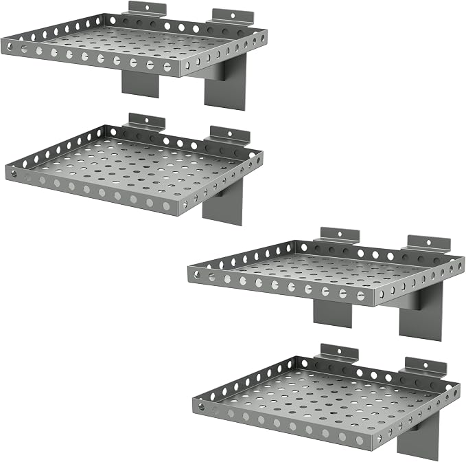 4 Pack Slatwall Shelves, Heavy Duty Grey Metal Slat Wall Shelf for Retail, Garage, Home Storage, 20 lbs Load Capacity, Universal Slatwall Accessories (10 x 12 Inch-4, Grey)