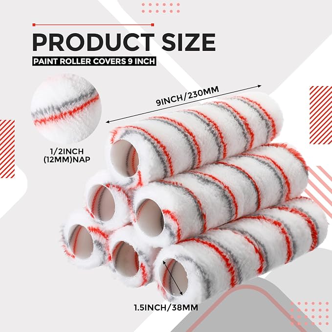 Leumoi 80 Pieces 9 Inch Paint Roller Covers 1/2 x 9 Inch Microfiber Paint Brush Roller Kit Naps House Painting Supplies for Wall House Home Repair Tools(Red Gray Stripe)