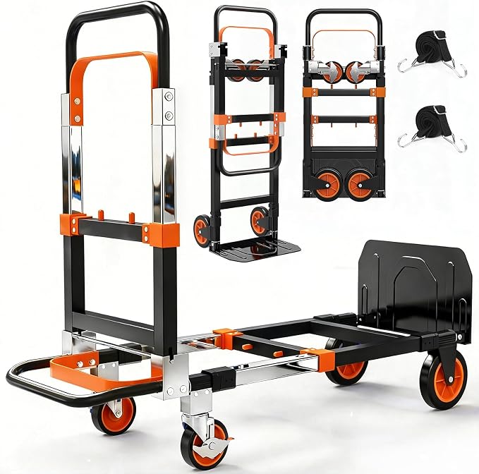 3-in-1 Folding Hand Trucks, 500lbs Convertible Dolly, Dolly Cart with Wheels Heavy Duty, Moving Cart with Retractable Handle, Collapsible Trolley for Moving Office/Home/Warehouse/Boxes/Carton (Orange)