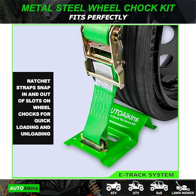 Wheel Chock Tie Down Kit, 4,400lb Break Strength — 4 Heavy Duty E-Track Tire Ratchet Straps & 8 Steel Wheel Chocks, Complete Trailer Tie Down System for ATV, UTV, Lawn Mower & SxS (Green)