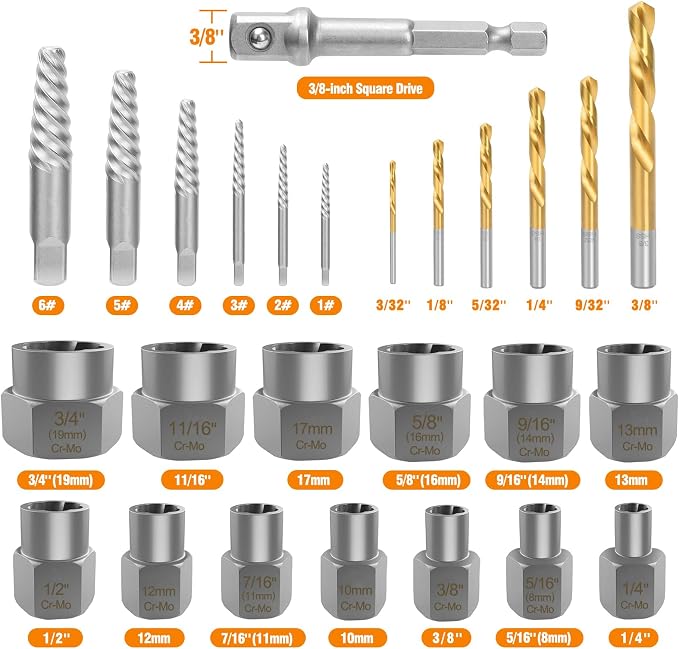 Eapele Bolt Extractor Set, Stripped Nut Remover Twist Sockets, Fit 3/8" Square Drive with Solid Storage Case(26pcs, Black)