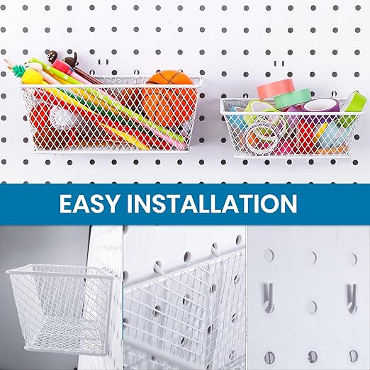 Sieral 4 Pcs Pegboard Baskets Metal Wire Shelf Baskets Peg Board Organizer Accessories Wall Mount Organizer Attachments for Garage Workbench Various Tool Accessories, 2 Sizes (White,Small, Medium)