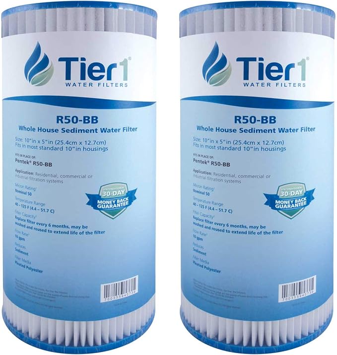 Tier1 50 Micron 10 x 4.5 Water Filter | Pleated Polyester Whole House Sediment Filter Cartridge | Replacement for Pentek R50-BB, 155053-43, SPC-45-1050 | High Flow 4.5 x 10 Water Pre-Filter (2-Pack)