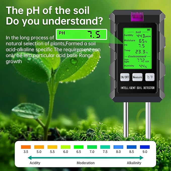 Digital Soil Moisture Meter, 6-in-1 Soil pH Tester for Plants with 3.6-Inch Screen, Tests pH, Fertility, Temperature, Sunlight and Air Humidity for Garden, Lawn and Farm (2*AAA Batteries Needed)