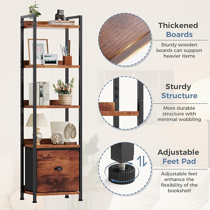 DUMOS 5 Tier Bookshelf with Fabric Drawer, Tall Industrial Bookcase, Narrow Display Standing Shelf, Wood and Metal Storage Shelf Organizer in Bedroom, Living Room, Rustic Brown