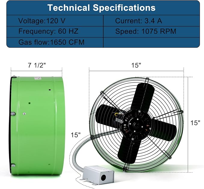 Criditpid 15" Gable Mount Vent Attic Fan for Gable, Home, Shed, Garage, Portable Building, Exhaust Ventilation Fan with Adjustable Thermostat 1650CFM, 1075RPM, 3.4A, 2500 Sq.Ft Coverage Area, Green.