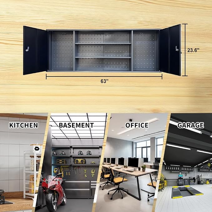 JZD Metal Garage Storage Cabinets Wall Mount with 2 Removable Shelves, Two Lockable Doors, and 22 Hooks for Tool Organization, Black & Grey