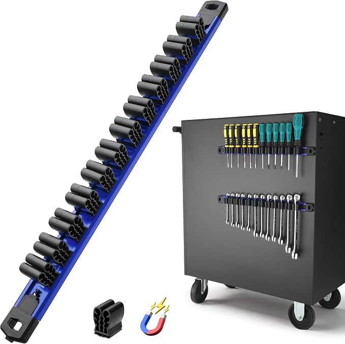 Reniteco Magnetic Screwdriver Organizer and Magnetic Wrench Organizer, Aluminum Rail Tool Holder, 12 Removable Clips, Fits Screwdrivers, Wrenches & Hand Tools, Dual Mount, Tools Not Included