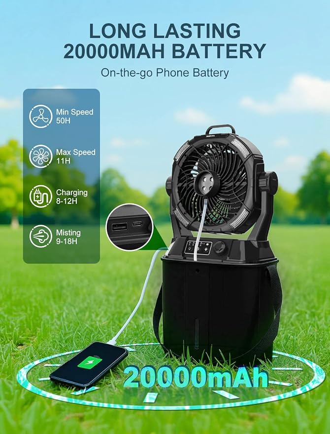 Portable Misting Fans - 6L Water Tank, 20000mAh Rechargeable Outside Water Fans with Remote Control, LED Light Adjustable Spray Mister Fan with Hook/Bucket, Misters for Outdoor Patio/Camping