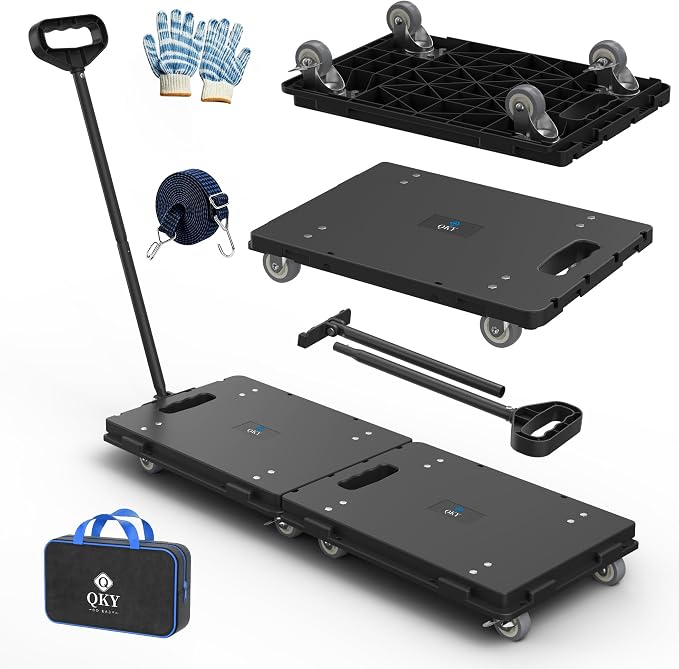 Furniture Dolly with Removable Pull Handle, Maximum Load 880LBS, Connectable Heavy Duty Moving Dolly Cart, 4 Wheel Flat Dolly with 2.5in 360° Rotatable Rubber Wheels for Home Garage Black 2Pack