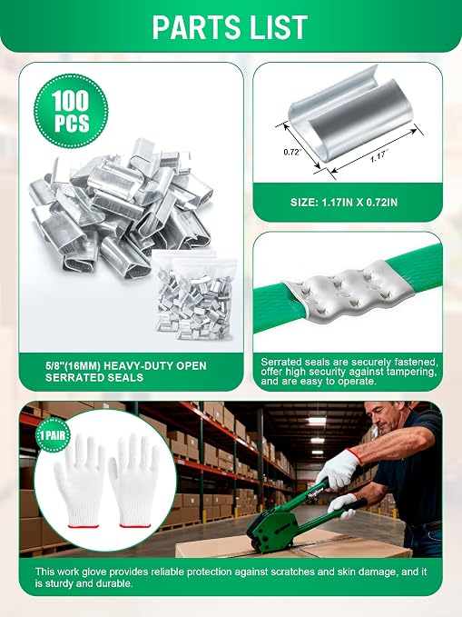 Banding Strapping Kit, Heavy Duty Pallet Packaging Kit with >1500lbs 5/8" x 1000' PET Strapping Roll, 100 Metal Seals, 1 Pair Gloves, Strapping Tensioner, Banding Sealer Tool, Banding Tool