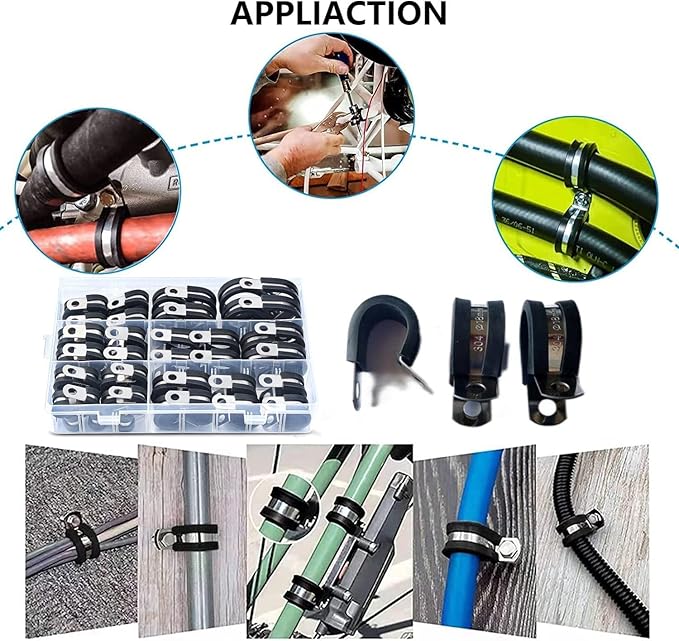 56PCS Large Stainless Steel Rubber Coated Cushioned Insulated Cable Clamps Assortment Kit - Automotive & Pipe Clamps in 7 Sizes - 3/4" to 2"