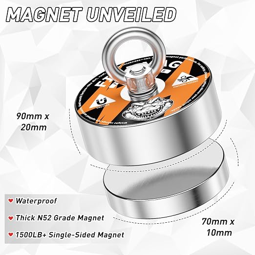 FINDMAG 2000 lbs Neodymium Magnets Kit, 3.7" Diameter Fishing Magnet for Retrieving Items in River, Lake, Magnet Fishing Kit Heavy Duty with Hole