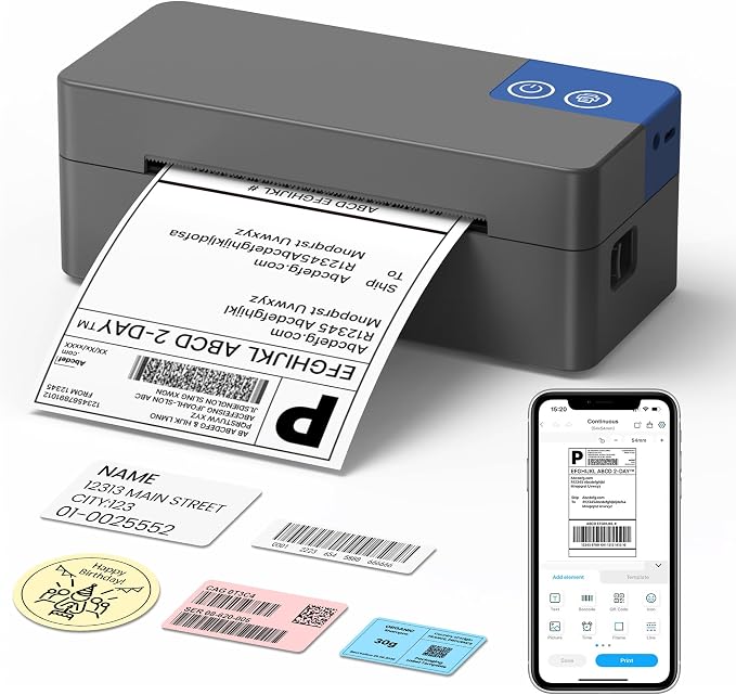 Bluetooth Thermal Shipping Label Printer, 4x6 Portable Thermal Label Printer, Compatible with iPhone, Android, Windows & Mac, Widely Used for USPS UPS Amazon Shopify Etsy (Dark Grey)