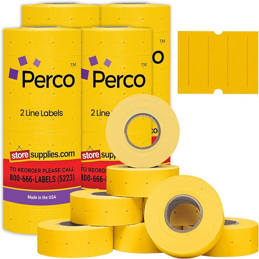 Perco 2 Line Yellow Labels - 24,000 Blank Price and Date Gun Labels for Perco 2 Line Price and Date Guns - 32 Rolls, 4 Sleeves - Made in USA