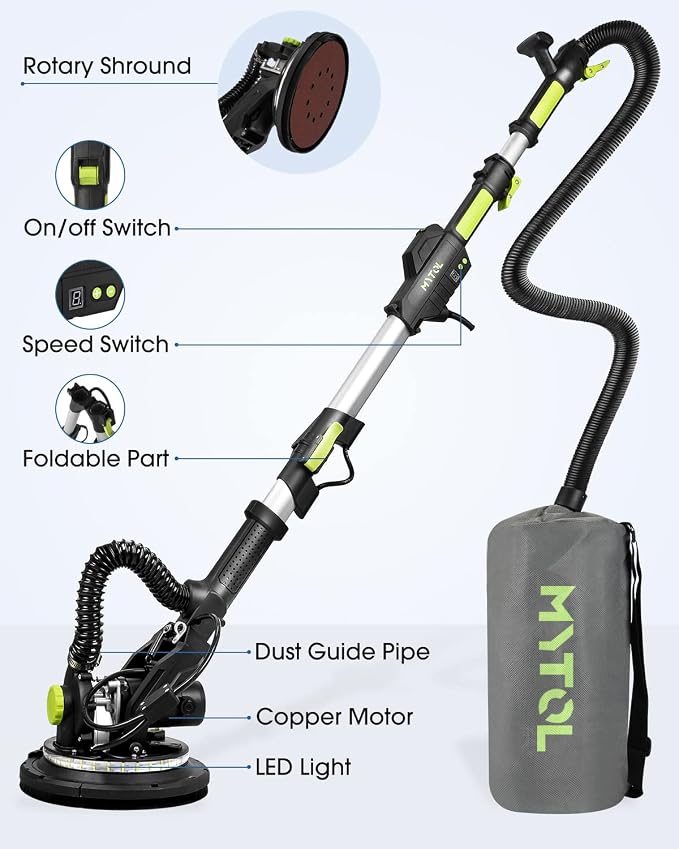 MYTOL Drywall Sander, 7.2A Electric Drywall Sander with Vacuum Dust Collection, LED Light, 6 Variable Speed Digital Display 900-1800RPM, Foldable & Extendable Handle