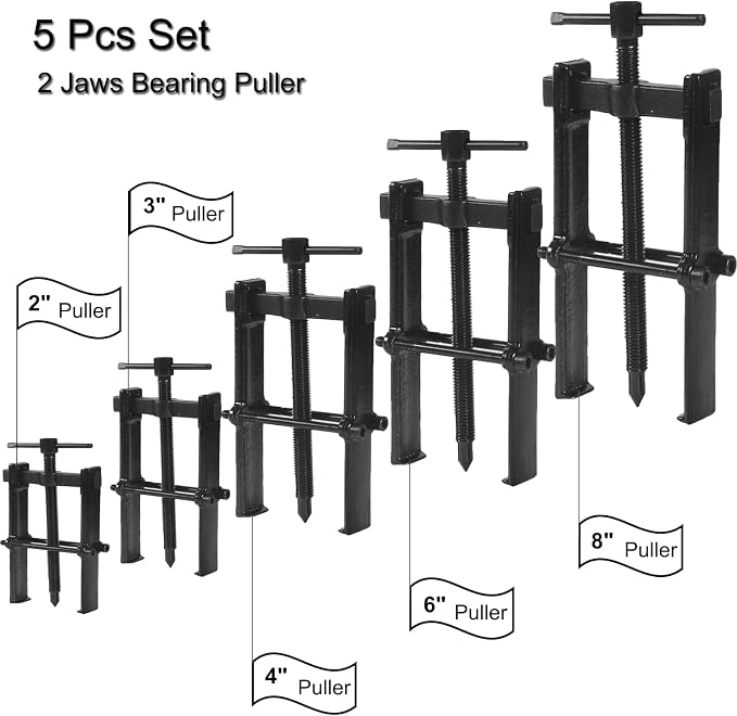 2 Jaws Bearing Puller 5-Piece Set, 2'' 3'' 4'' 6'' 8" Adjustable Two Jaw Puller Remover Tool, Carbon Steel Pump Removing Kit for Wheel, Bearings, Gears, Motorcycle