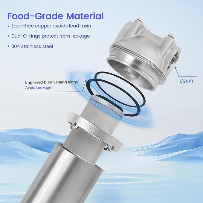 NSF/ANSI 42 Stainless Steel Whole House Water Filter Housing, 10" x 2.5" Sediment Water Filter System for Heavy Duty, Well & City Water, 1/2" NPT Port, Drain Valve Style A(Wing)