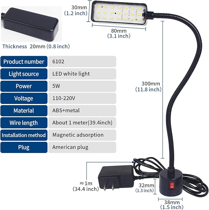Led Magnetic Work Light 21 LEDs 300mm FlexibleGooseneck lamp 500 Lumens 120 Volt for SewingMachine Lathe Milling Drill Press Industrial Lighting