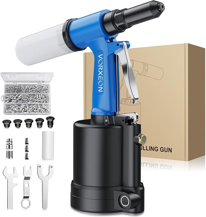 Air rivet gun 3/32" -1/4" with 500 Blind rivets aluminum Power pneumatic tool Air riveter Pulling pressure 3916 lbf for Metalworking Automotive