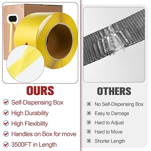 MYFAMIREA Heavy Duty Packaging Strapping, 1/2" x 3500FT Polypropylene Plastic Packaging Strapping, 300 Metal Seals, for Pallets, Logistics, Warehouse, Box Packaging and Shipping, Yellow