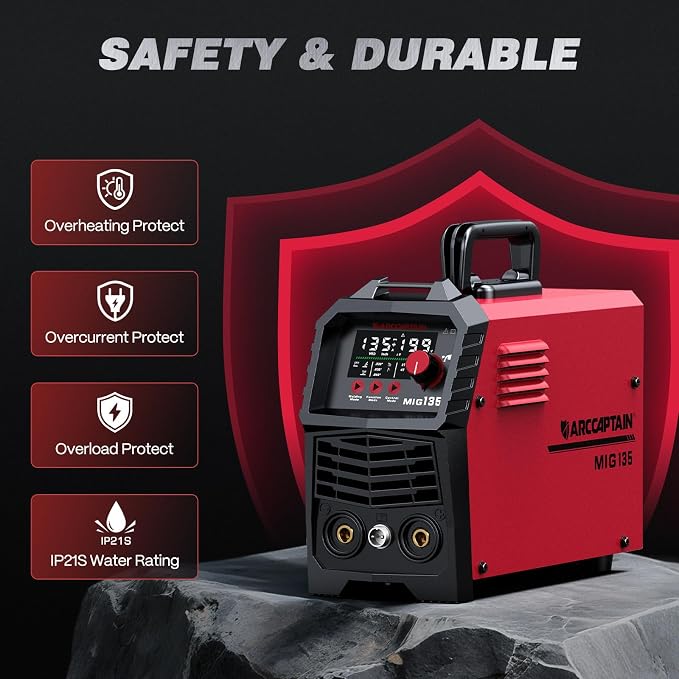 ARCCAPTAIN 135A MIG Welder [Large LED Display] 110V Welder Flux Core MIG, Lift TIG, Stick, 3 in 1 Welding Machine Gasless MIG Welder Machine 110V, IGBT Inverter Welder with Synergy, 2T/4T