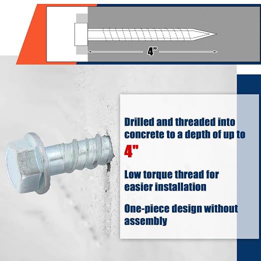 Tandefio 60 Pack 1/2" x 4" Concrete Screw Anchor Galvanized Large Diameter Heavy Duty Plated Concrete Anchors for Masonry Brick Anchoring Block Decking Framing Hex Drive