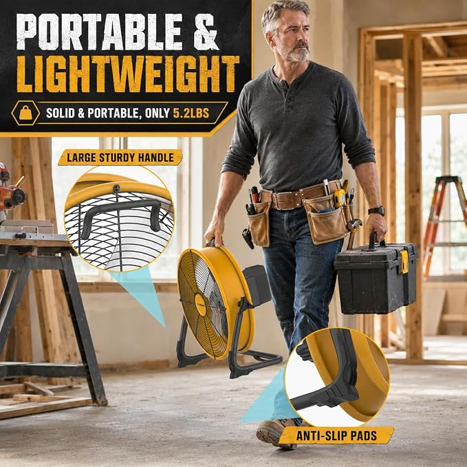 12" Battery Operated Floor Fan Compatible with Dewalt 20V Max Battery, Portable Fan with AC Adapter and USB Output, Metal Industrial High Velocity, Stepless Speed Cordless Fan for Jobsite Garage