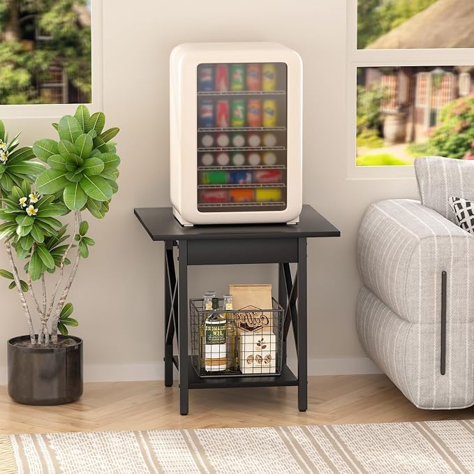 GreenForest Square End Table 24 Inch with X-Frame 2-Tier Storage | Nightstand for Living Room & Bedroom, Rustic Decor, Sturdy, Waterproof Scratchproof Top, Easy Assembly, Black