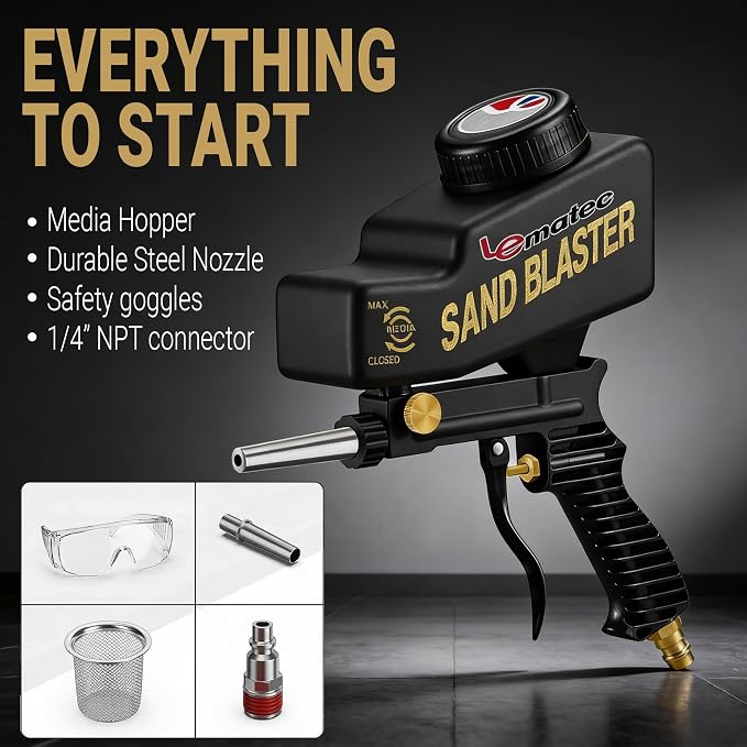 LE LEMATEC Portable Sand Blaster Gun Kit, Pneumatic Tool for Rust Removal | Glass etching, paint stripping, surface prep, deburring, steel nozzle, gravity feed, 90 PSI, model AS118