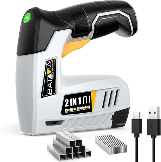 BATAVIA Electric Staple Gun, 2-in-1 Cordless Brad Nailer & Stapler Kit with 2000Pcs Nails & Staples, 4V Lithium-ion Rechargeable Nail Gun for Upholstery, Wood Working, DIY Home Projects
