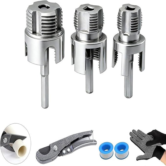 Pipe Tapping and Threading Tool Set,2026 New Premium Carbon Steel Dual-Function Internal & External Pipe Threader Tool 1",3/4", 1/2" Sizes Suitable for All Electric Drills,Plumbing Installation