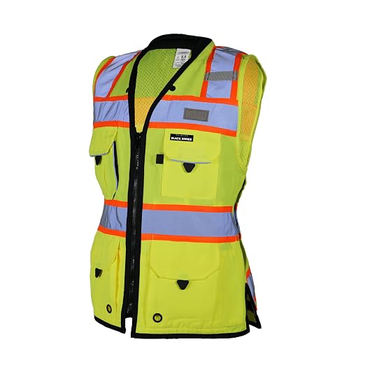 Kishigo Women's High Visibility Reflective Premium Black Series Heavy Duty Surveyors Vest S5021, Zipper Closure, Polyester, ANSI 107 Type R/Class 2, Multiple Pockets for Tools (Lime/Lime, S)