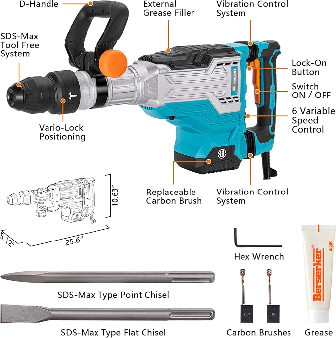 Berserker 1700W 25-Pound SDS-Max Demolition Jack Hammer 65H,14-Amp Corded | Inline Medium/Heavy duty Electric Concrete/Pavement Breaker with Variable Speed,Vibration Control,Carrying Case & 2 Chisels