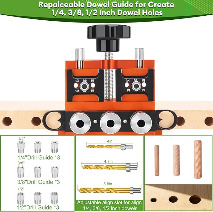 Adjustable Dowel Jig Kit, Drill Guide with Quick Positive Stop & Clamp – Fits 1/4, 3/8, 1/2 Inch Dowel Holes, Dowel Jig for Woodworking Fit All Kinds Wood Dowel Joints, for Cabinet, Furniture