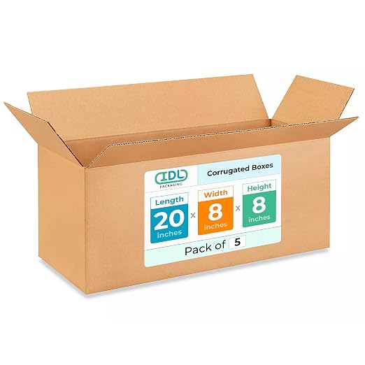 Long Shipping & Moving Boxes 20 x 8 x 8 inches (5-Pack) - Extra Strength 200 lb vs Regular - USA-Made Corrugated Cardboard Packing Boxes for Moving - Shipping Box for Delivering by IDL Packaging