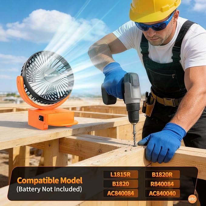 Rozlchar Portable Cordless Fan Compatible for Ridgid 18V Battery, 3‑Speed Jobsite Fan with USB A/C Fast Charging (5V/2A) & 360° Vertical Rotation for Camping, Workshop, Construction(Tool Only)