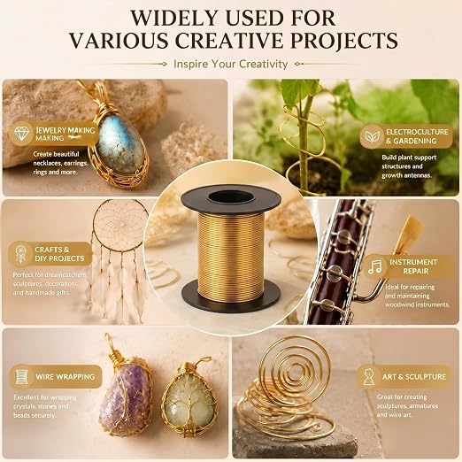 Therwen 50ft 20 Gauge Brass Wire for Gardening, Electroculture, Bonsai, Jewelry Making Beading DIY Craft Pure Bare Brass Wire Spool