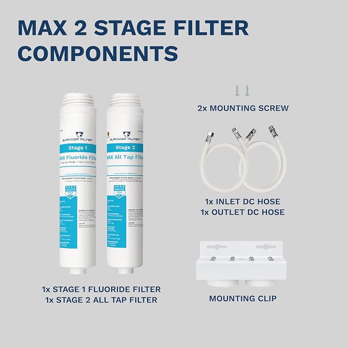 Survivor Filter Max, 2-stage, In-line, Under Sink Water Filteration System | Fluoride, Chlorine & Heavy Metals Reduction, Easy Installation, Water Filter for Sink Faucet, Improves Taste, Made in USA