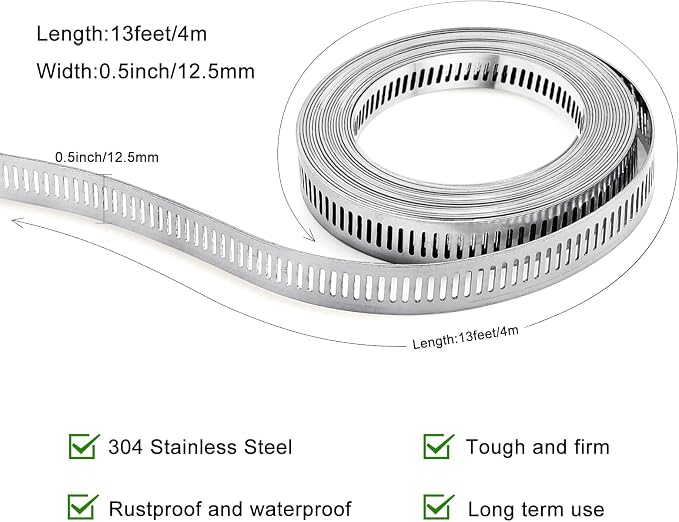 Hose Clamps, DIY 13 FT Metal Strap + 8 Fasteners, Hose Clamps Stainless Steel, Large Adjustable Hose Clamp Pipe Clamp for Pipe Automotive Mechanical Applications