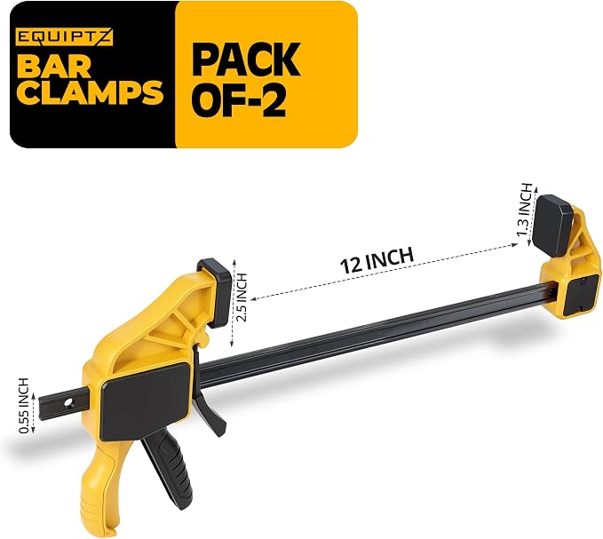 EQUIPTZ 12 inch Bar Clamps for Woodworking – 2 Pack Quick Grip Clamps Set with 150 lbs Force – Wood Clamps for Gluing, Carpentry, DIY, and Metalworking (12 inch Size, 2 Pack)