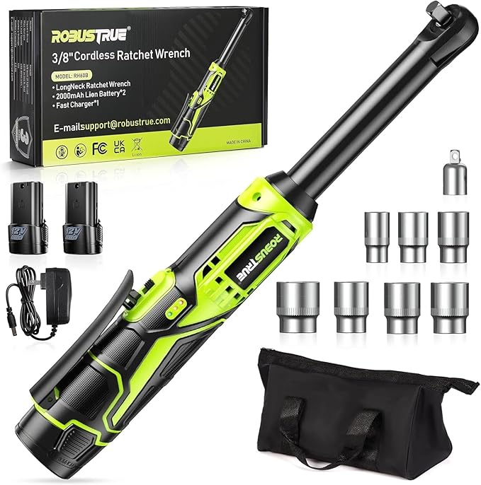 Robustrue 3/8" Cordless Ratchet Wrench, 6-inch Extended Ratchet Wrench, 40Ft-lbs 400RPM Cordless Ratchet, 2 Batteries Power Electric Ratchet Driver with Variable Speed, 7 Sockets, LED Light