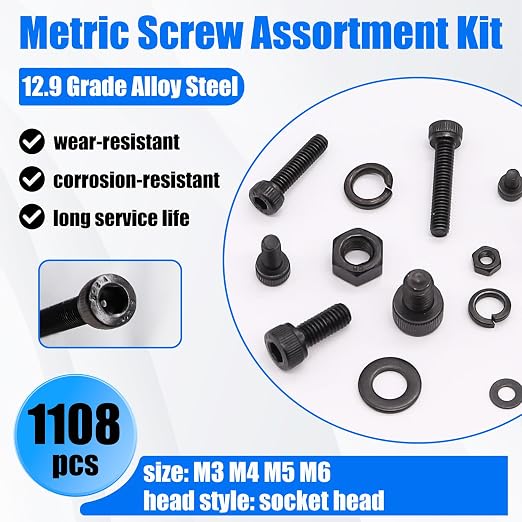 1108PCS Metric Screw Assortment Kit, M3 M4 M5 M6 Metric Bolts and Nuts Kit with with Lock & Flat Washers, 12.9 Grade Alloy Steel Hex Socket Head Cap Screws for 3D Printing