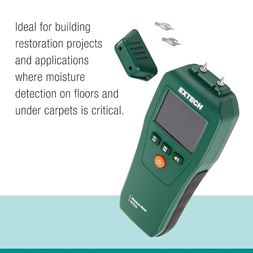 Extech MO50 Compact Pin Moisture Meter with High Contrast LCD & Backlight - Digital Dampness Detector for Wood, Drywall, Concrete, Water Damage Inspection & Building Materials with Audible Alert